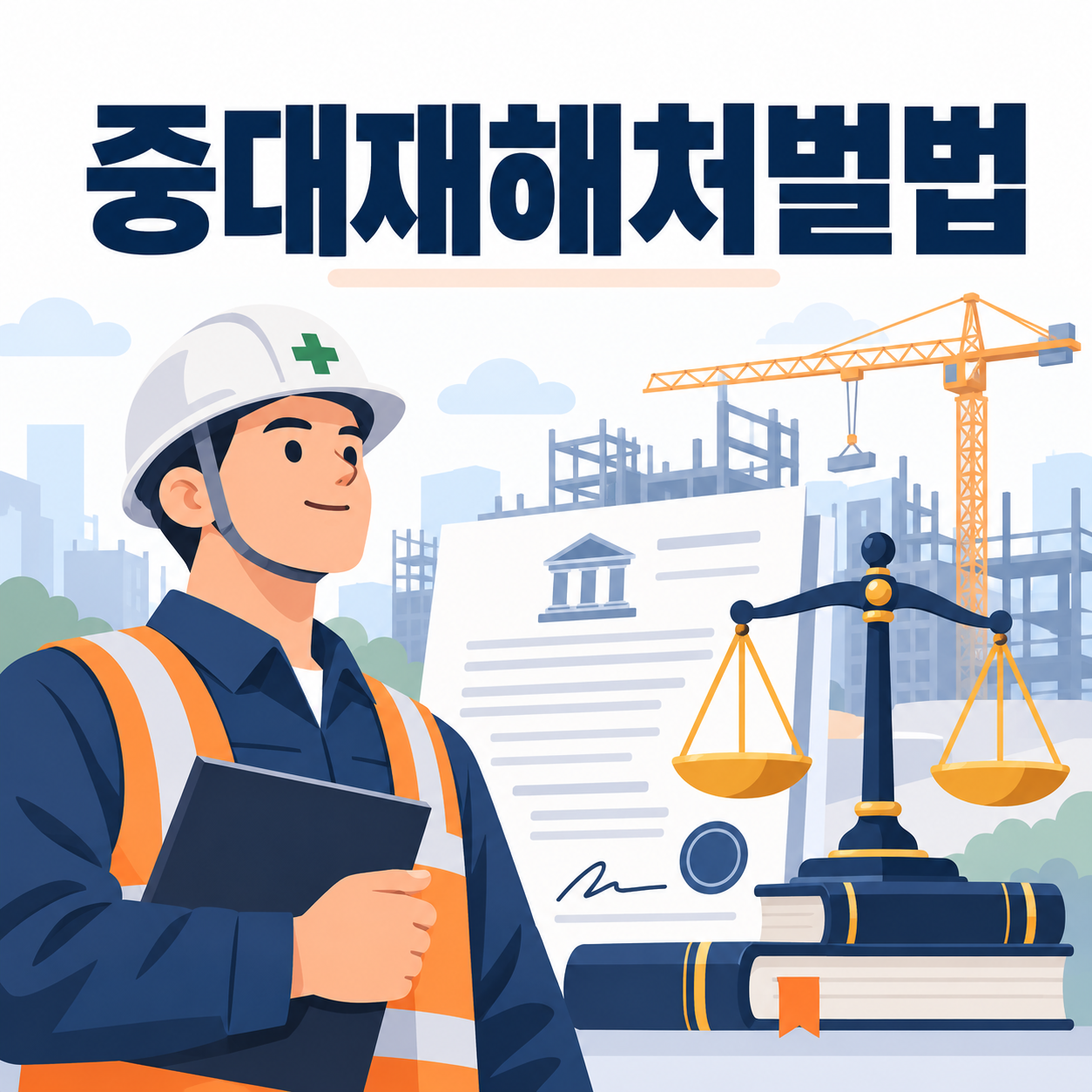 중대재해처벌법 적용대상과 처벌기준, 50인 미만 사업장도 해당됩니다 1 안전모를 쓴 작업자와 법률 서류, 저울 아이콘이 있는 중대재해처벌법 썸네일 일러스트