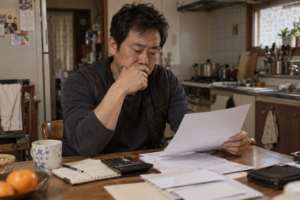 자영업자가 건강보험료 고지서와 계산기를 보며 지역가입자 보험료를 확인하는 모습