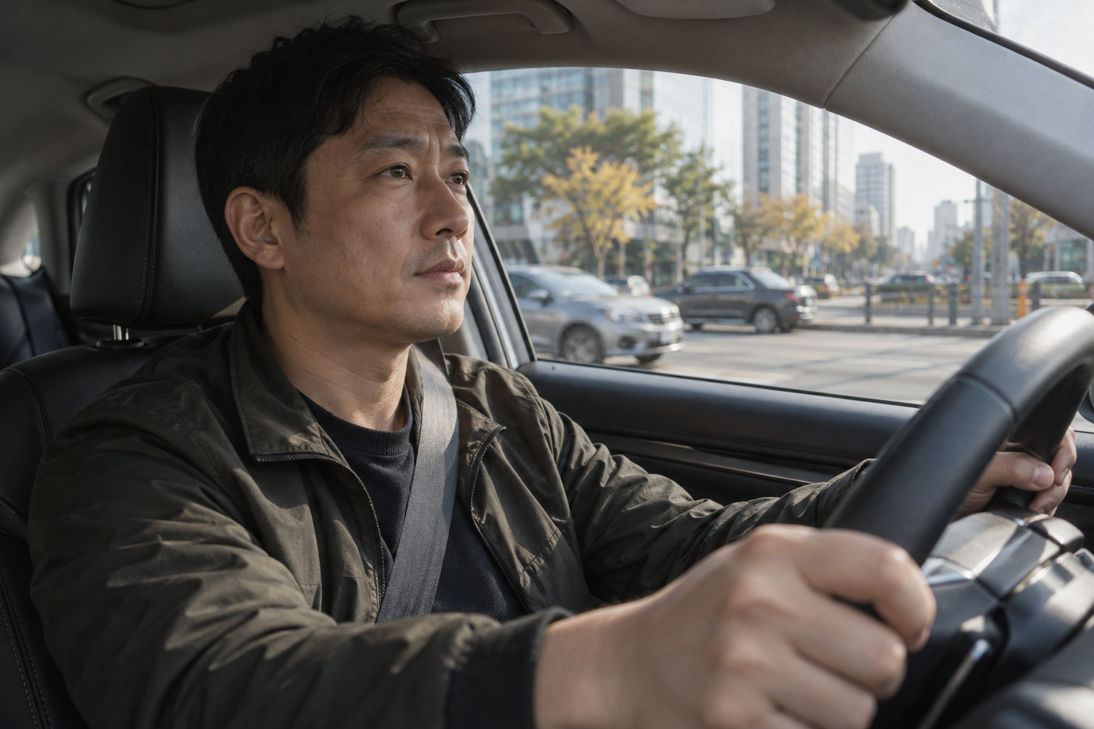 운전자가 핸들을 잡고 도심 도로를 주행하는 모습