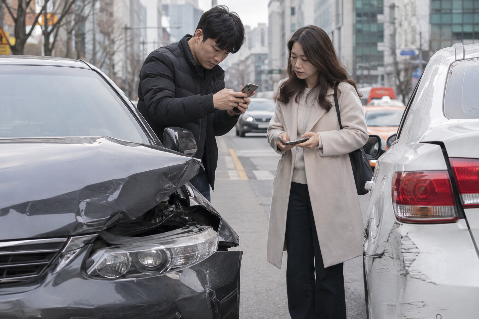 교통사고 후 두 운전자가 차량 파손 부위를 사진으로 기록하며 정보를 교환하는 모습