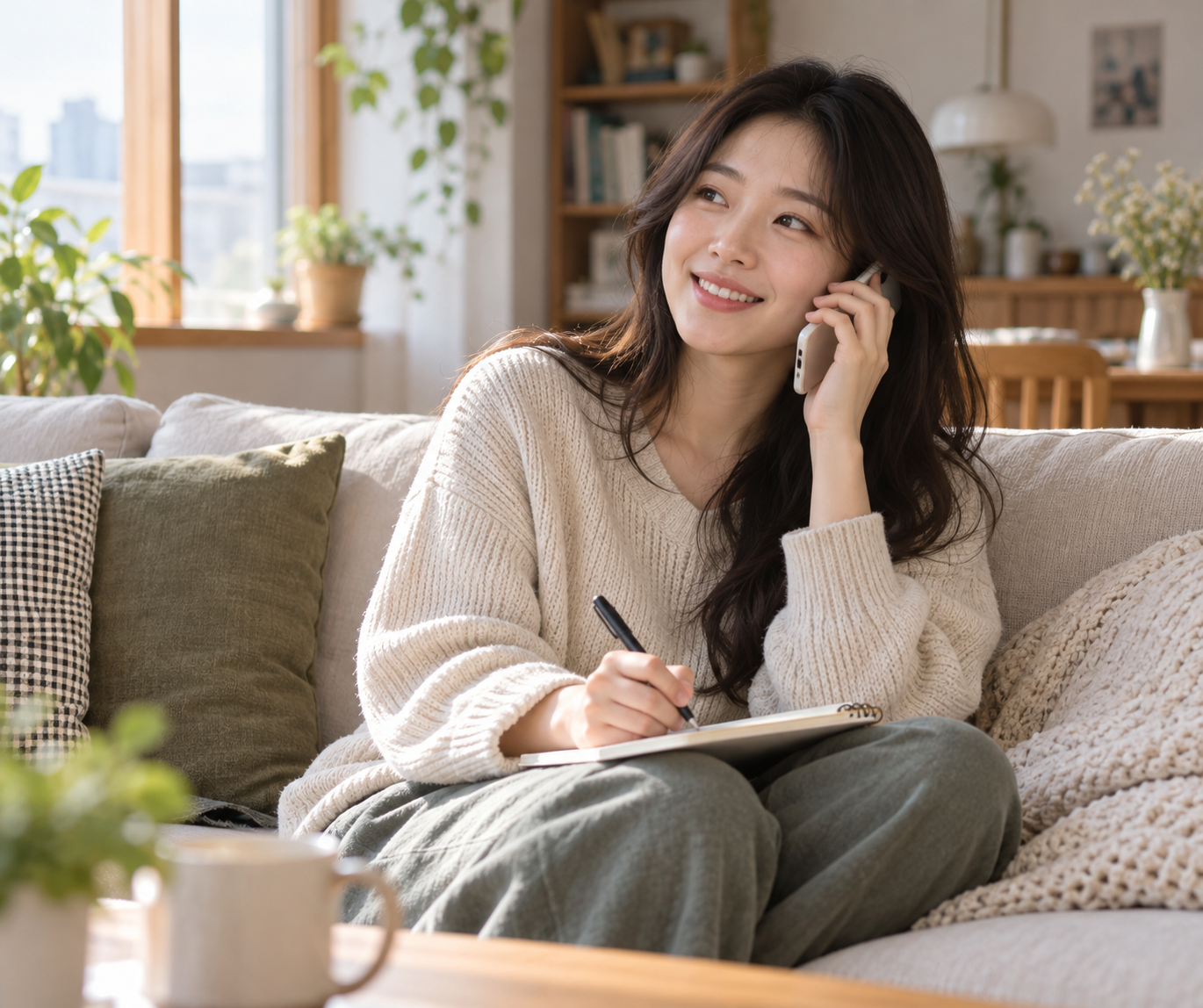 청년이 소파에 앉아 전화 상담을 받으며 메모하는 모습