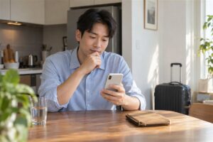 NH스마트뱅킹 엔화 환전 신청을 준비하는 여행자