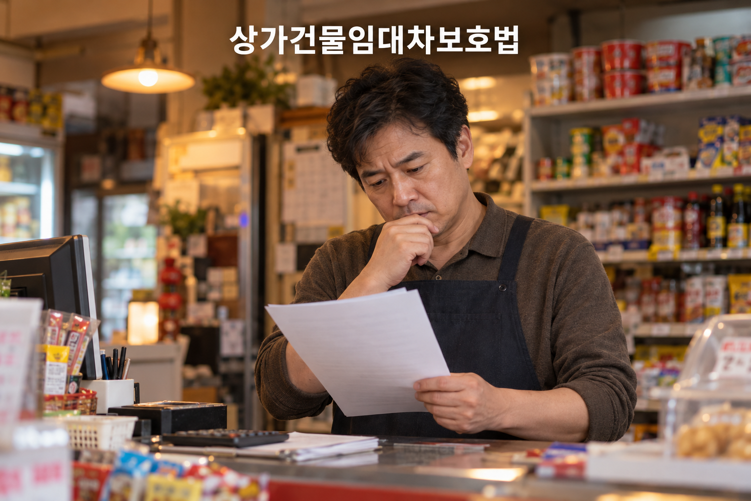 가게 계산대에서 임대차 계약서를 검토하는 상인