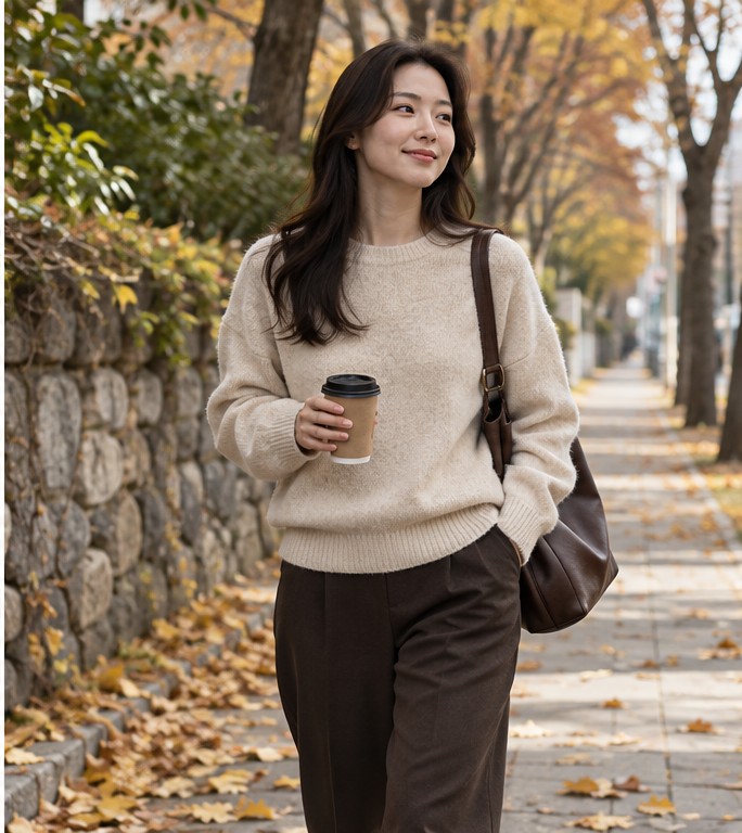 가을 니트 코디 여성 확인 장면 실사 이미지