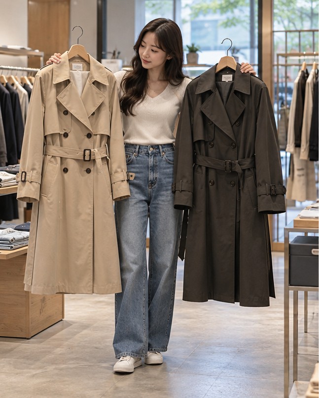 트렌치코트 코디 여성 현장 실사 이미지