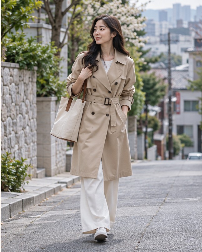 트렌치코트 코디 여성 확인 장면 실사 이미지