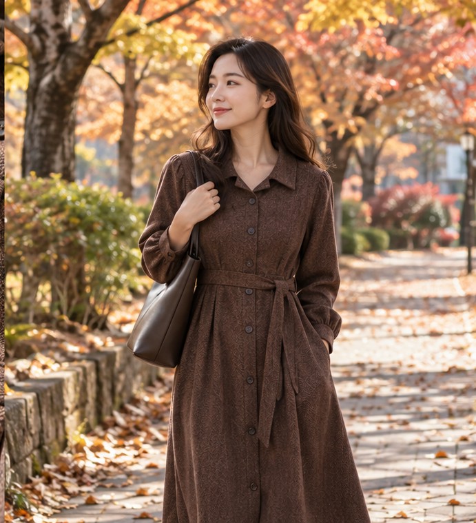 가을 원피스 여성 확인 장면 실사 이미지