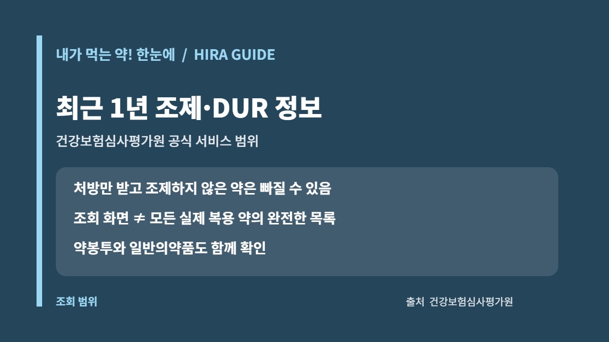 내가먹는약한눈에 조회: 최근 1년 조제내역과 누락될 수 있는 약 1 심평원 내가 먹는 약 한눈에 서비스의 최근 1년 조제·DUR 정보와 조회 제외 가능 사례 카드