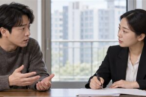 층간소음 소송비용 관련 상담과 업무 범위를 확인하는 장면