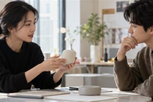 디자인 출원 비용 관련 상담과 업무 범위를 확인하는 장면
