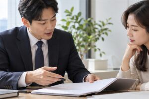 부동산 가등기 비용 관련 상담과 업무 범위를 확인하는 장면