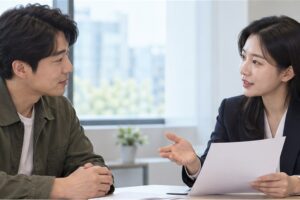 기장대리 수수료 관련 상담과 업무 범위를 확인하는 장면