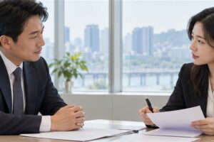 임원중임등기 비용 관련 상담과 업무 범위를 확인하는 장면
