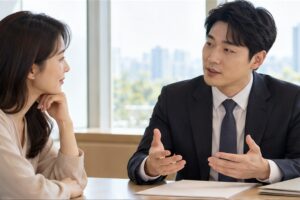 재단법인 설립 비용 관련 상담과 업무 범위를 확인하는 장면
