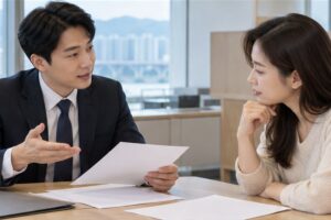 협동조합 설립 비용 관련 상담과 업무 범위를 확인하는 장면