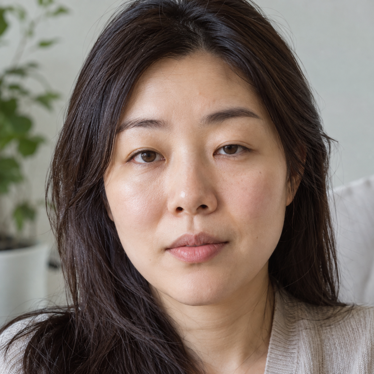 눈꺼풀 처짐을 보여주는 차분한 여성 얼굴
