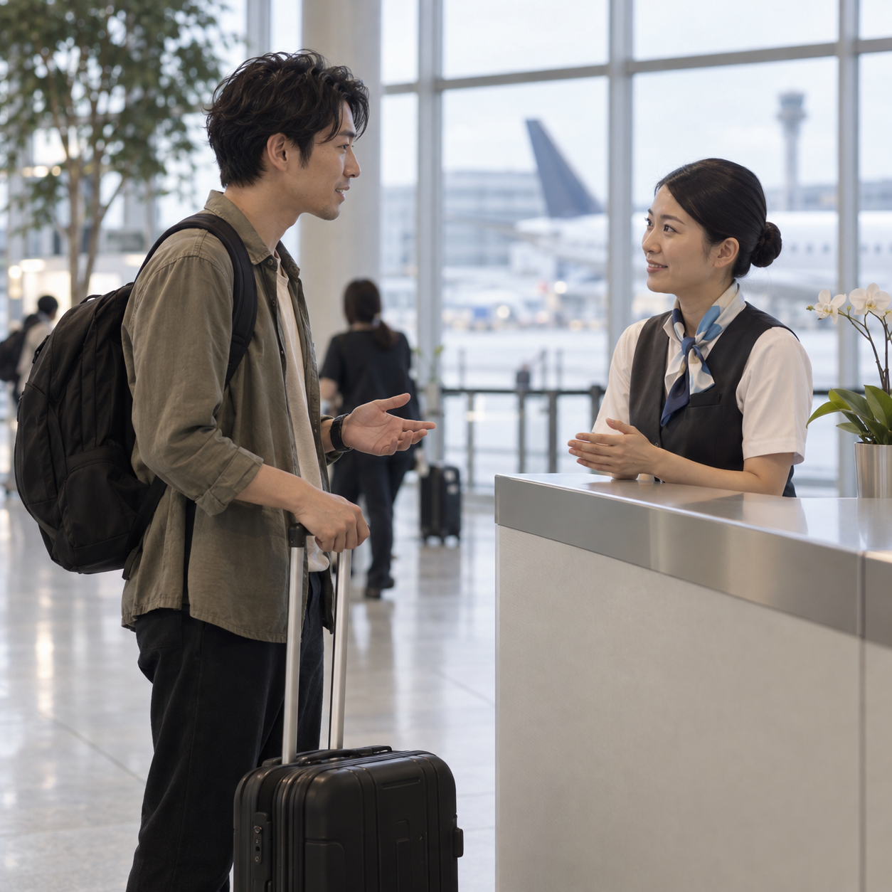 공항 보건 안내 직원과 이야기하는 여행자