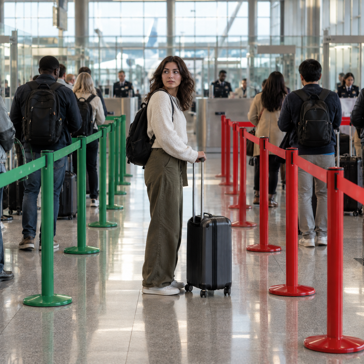 녹색과 적색으로 구분된 공항 세관 통로