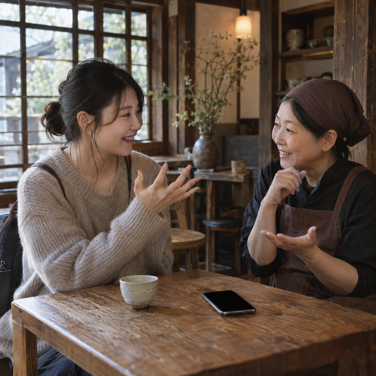 일본 카페에서 손짓으로 의사소통하는 여행자와 직원