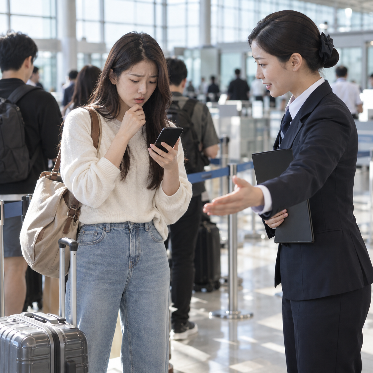 공항에서 휴대전화 문제에 관해 직원의 도움을 받는 여행자