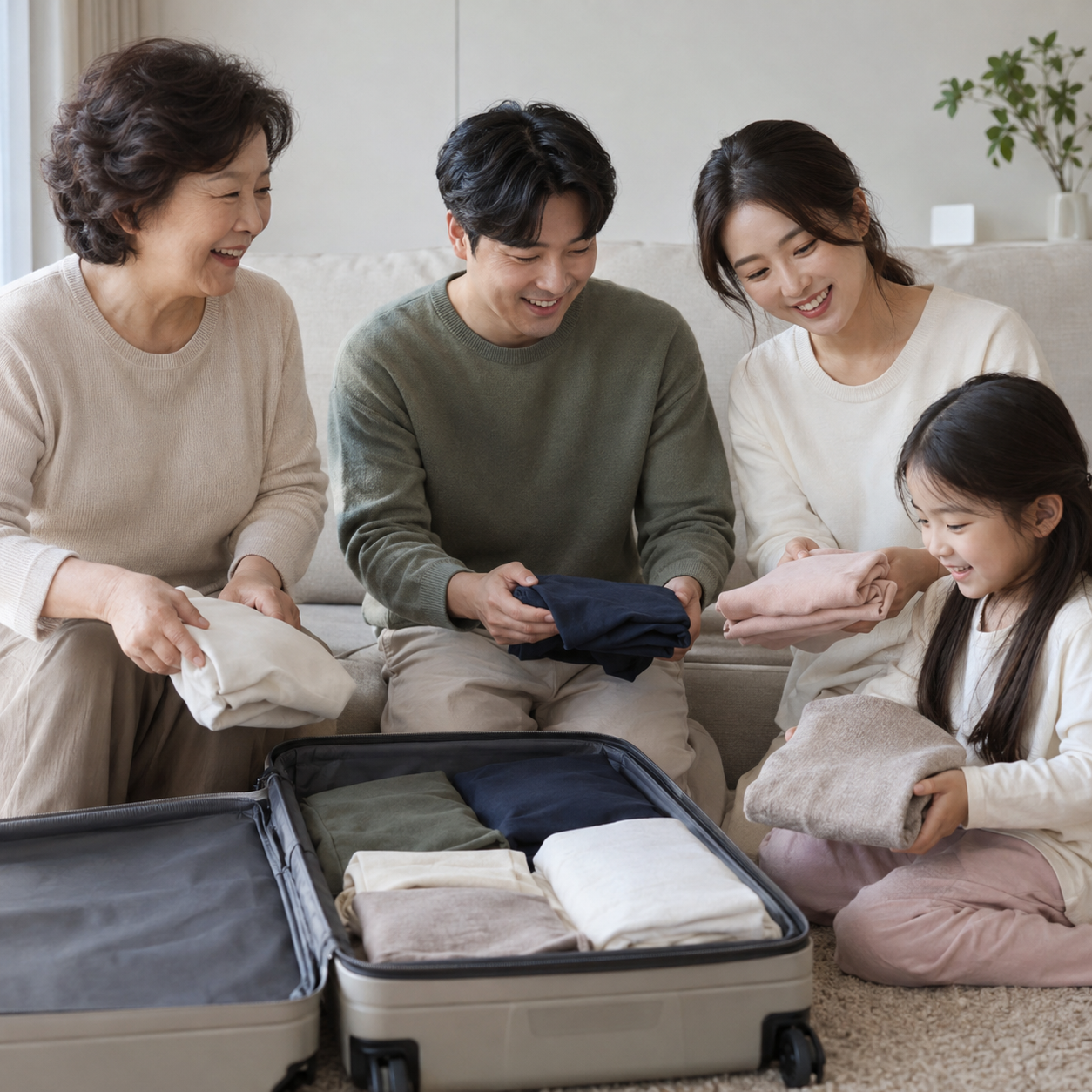 여행 가방을 함께 준비하는 삼대 가족