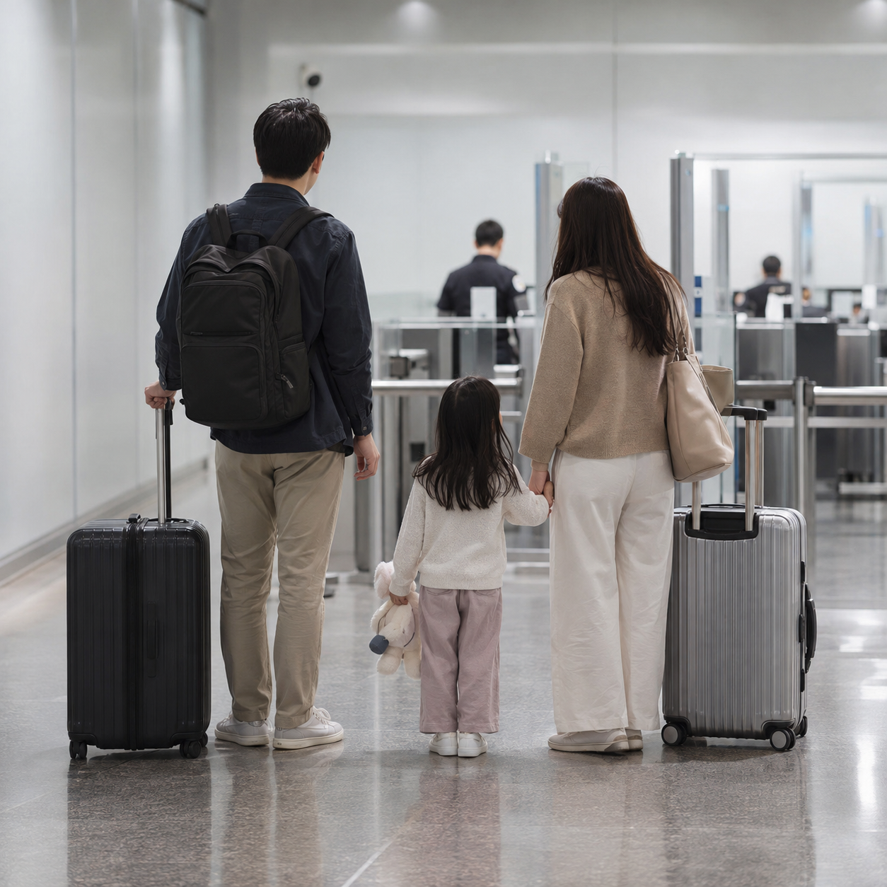공항 세관 통로에서 여행 가방과 함께 대기하는 가족
