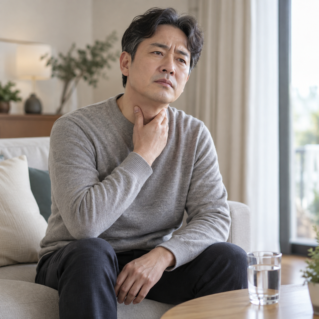 목의 불편함을 느끼며 목 앞부분을 짚는 남성