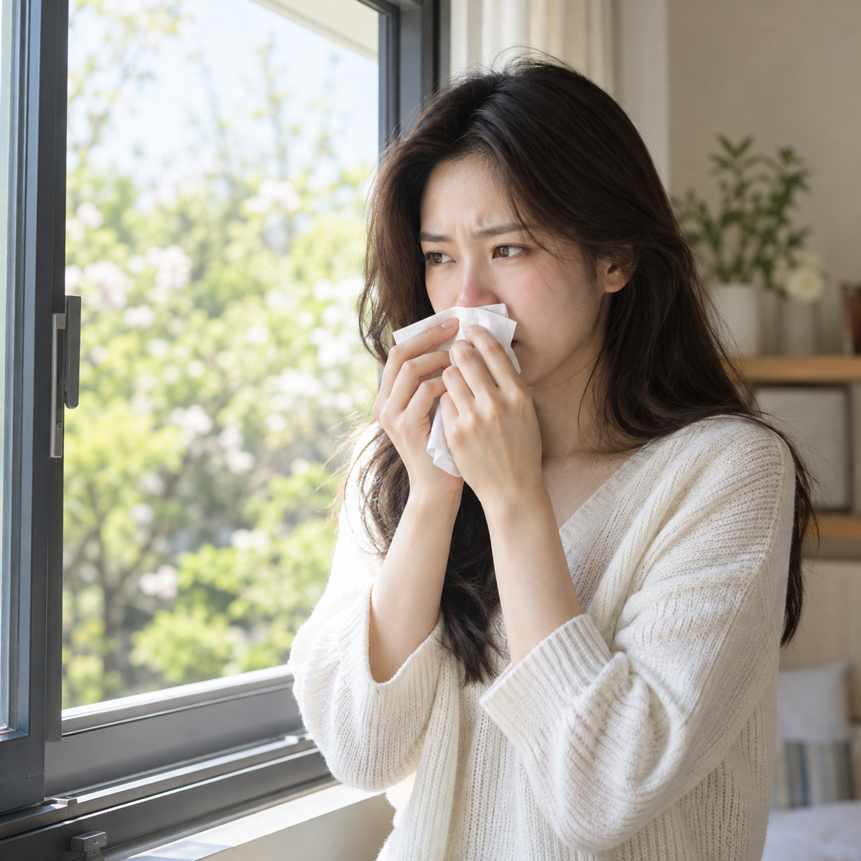 봄철 창가에서 코에 휴지를 대고 있는 여성