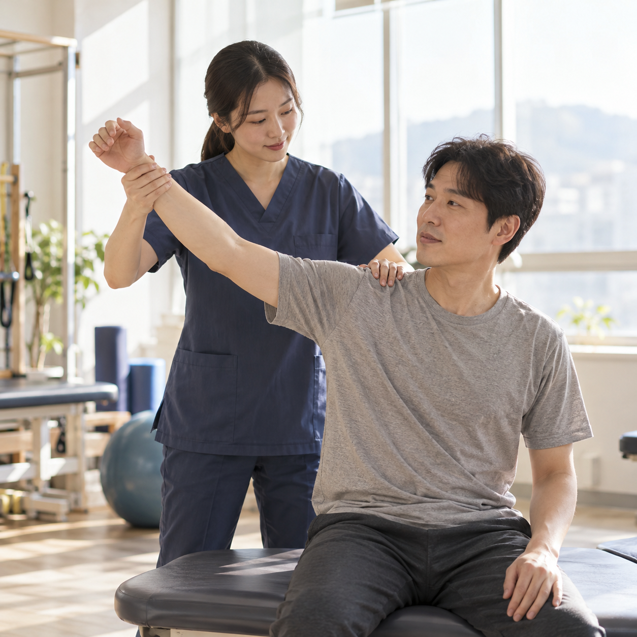 교통사고 이후 어깨 기능 회복 상태를 확인하는 재활 진료