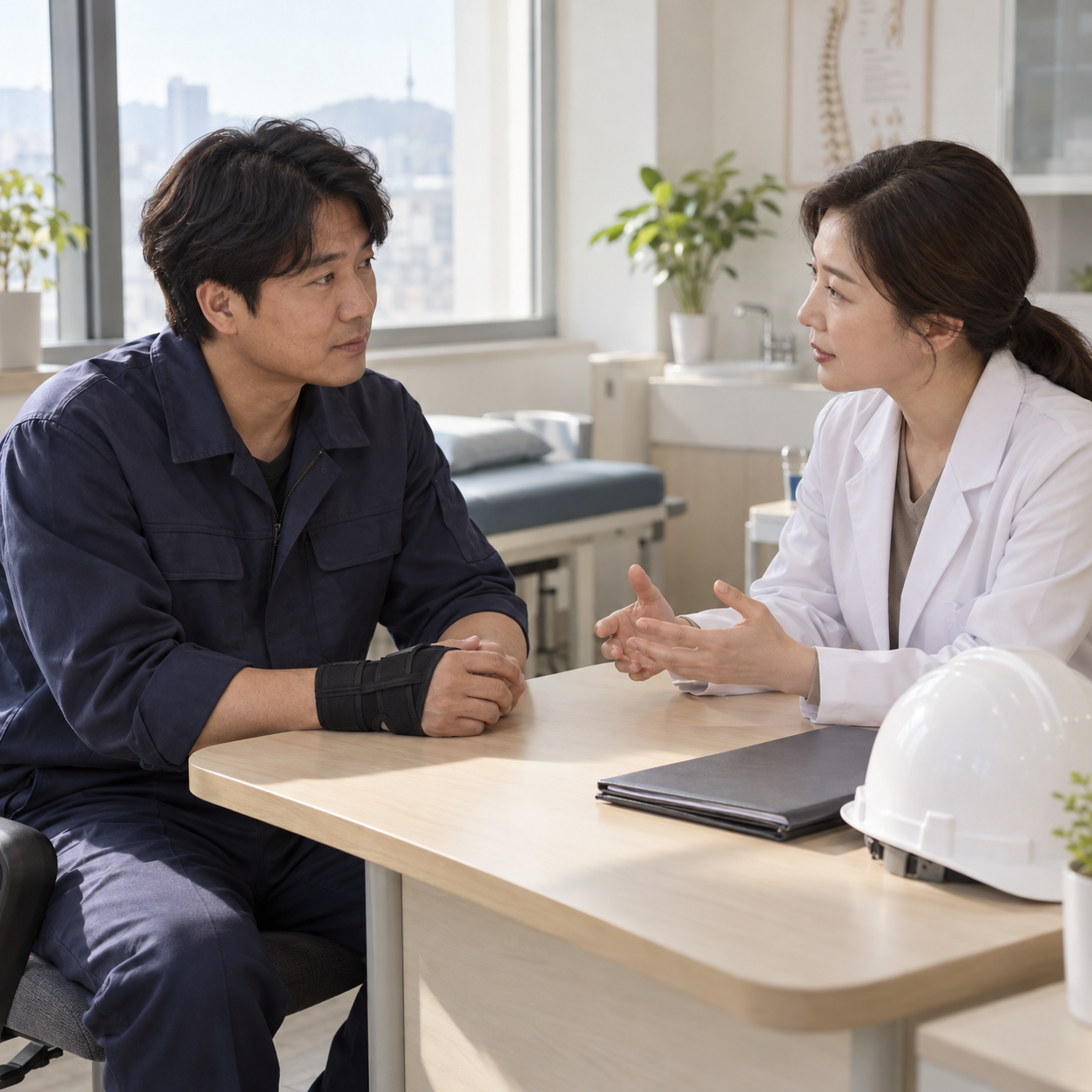 손목 보호대를 착용한 근로자가 산업재해 관련 상담을 받는 모습