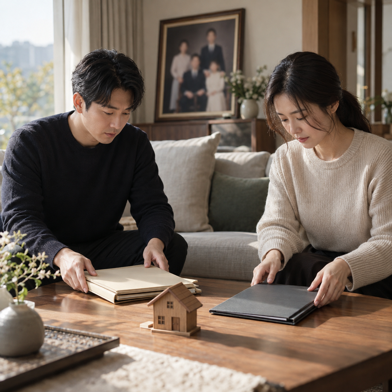 상속 부동산 등기를 준비하며 자료를 정리하는 가족