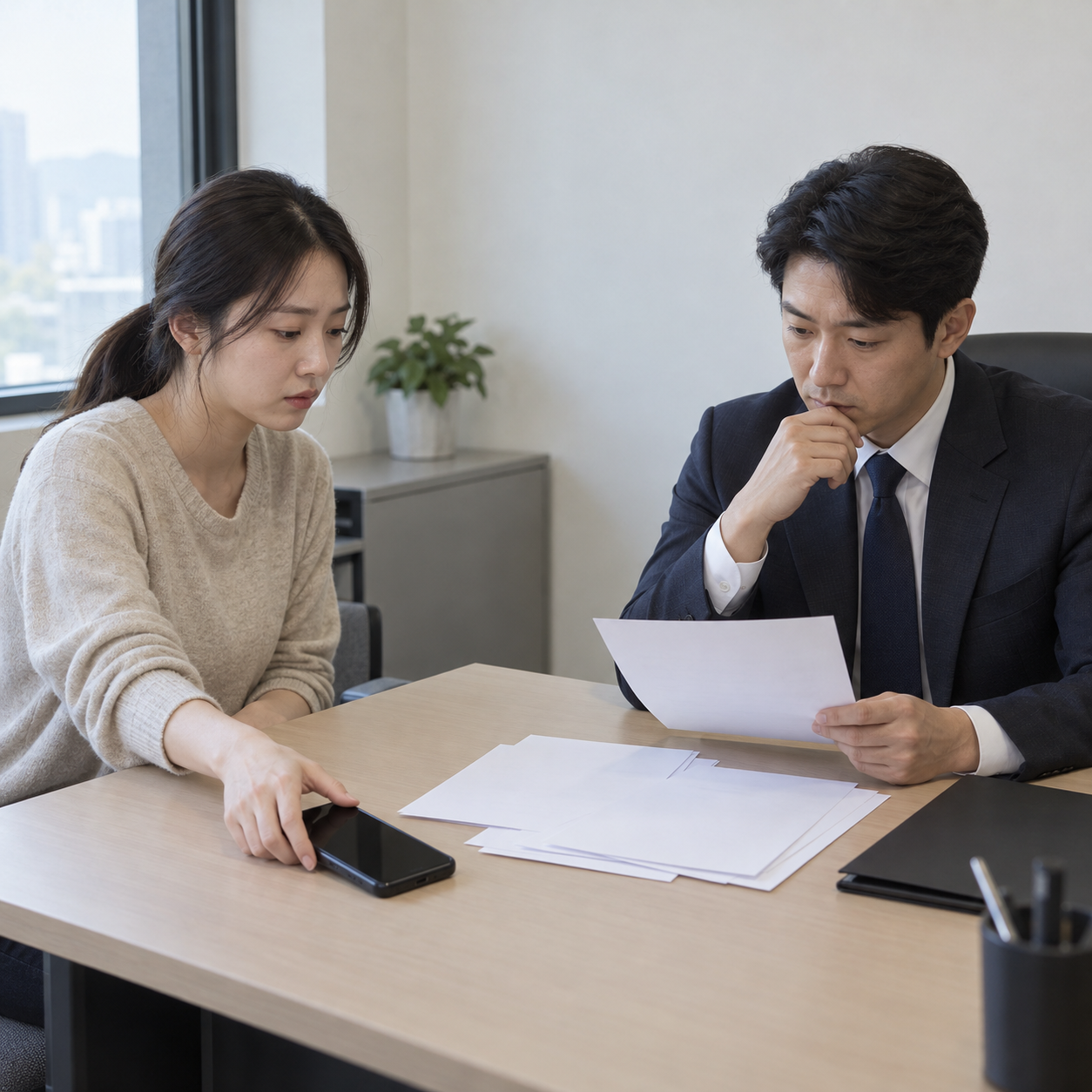 사기죄 고소, 돈을 못 받은 것만으로 부족한 이유와 증거 정리법 2 법률 상담에서 스마트폰과 서류를 통해 사기 피해 증거를 정리하는 모습