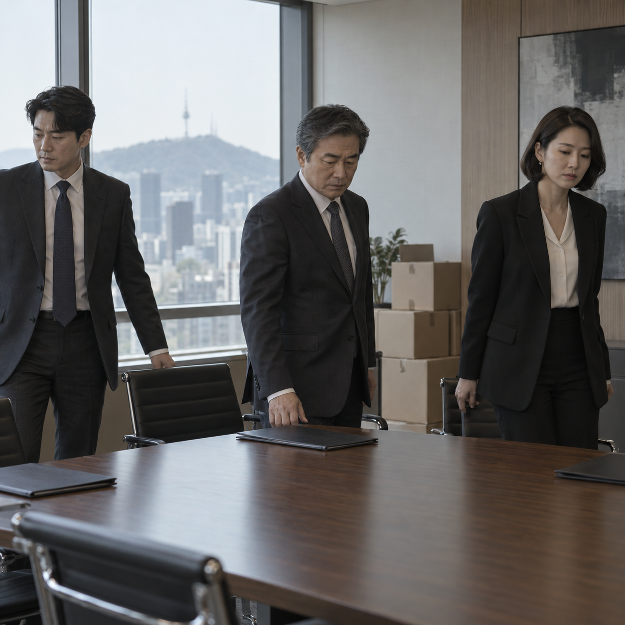 정리 상자가 놓인 회의실에서 마지막 회의를 마치는 주주들