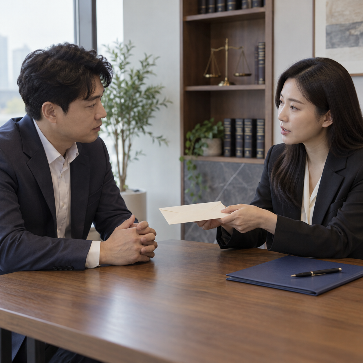채권 추심 절차를 상담하며 봉투를 전달하는 법률 전문가