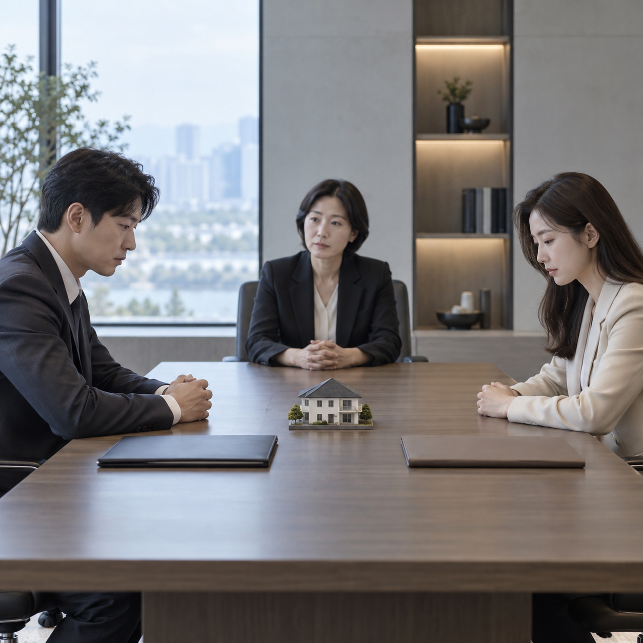 이혼재산분할, 명의보다 중요한 재산목록·기여도 준비 순서 2 집 모형과 서류철을 두고 재산분할 상담을 받는 부부