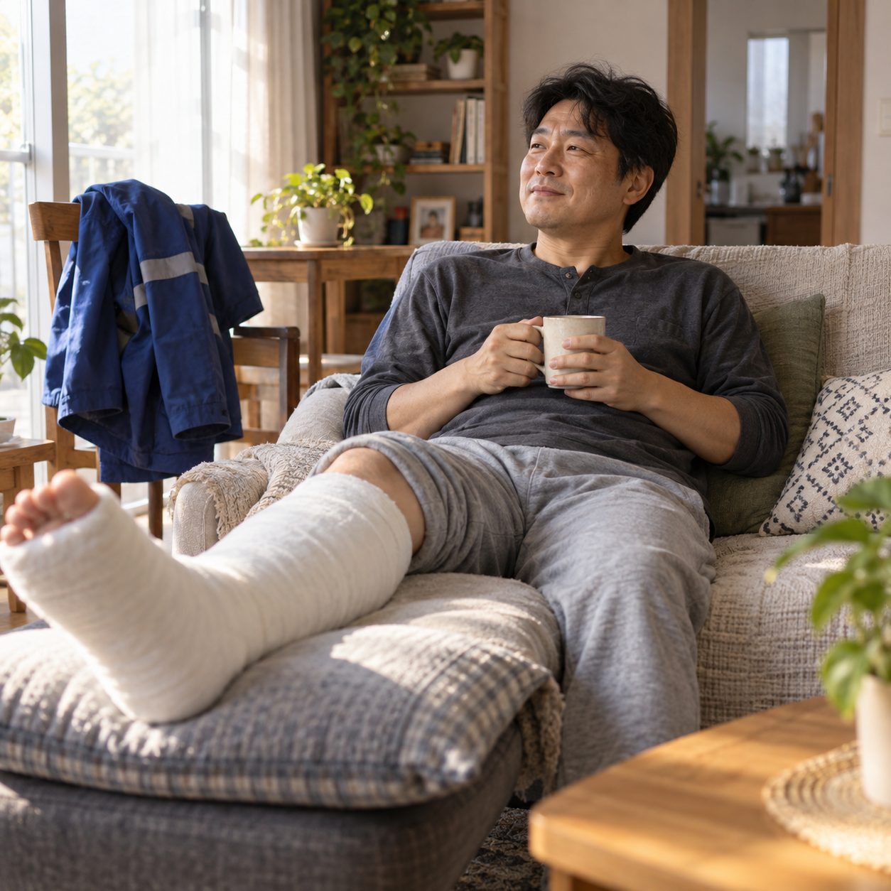 다리 부상 후 집에서 휴식을 취하는 산재 근로자