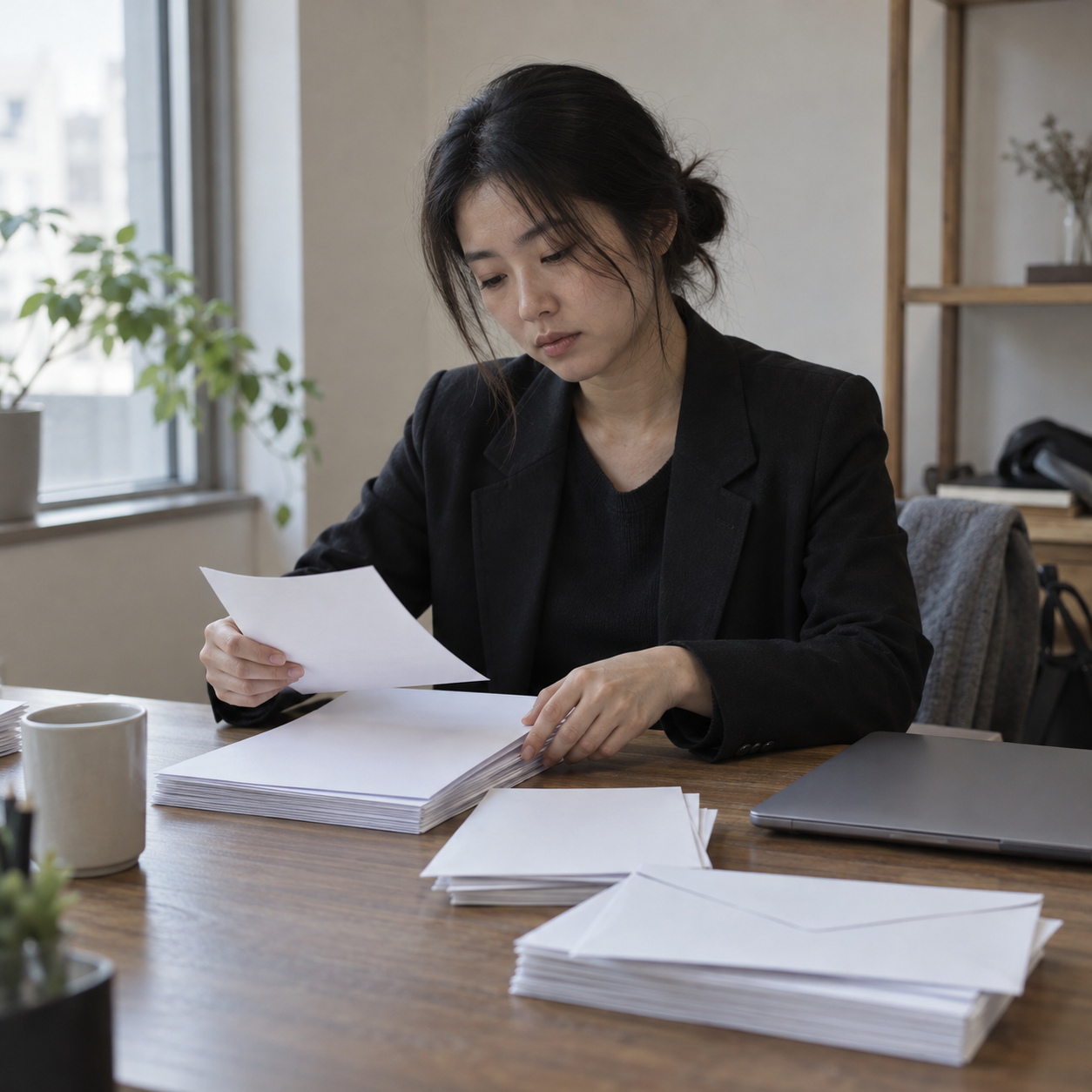 임금체불 신고를 준비하며 빈 서류를 정리하는 근로자