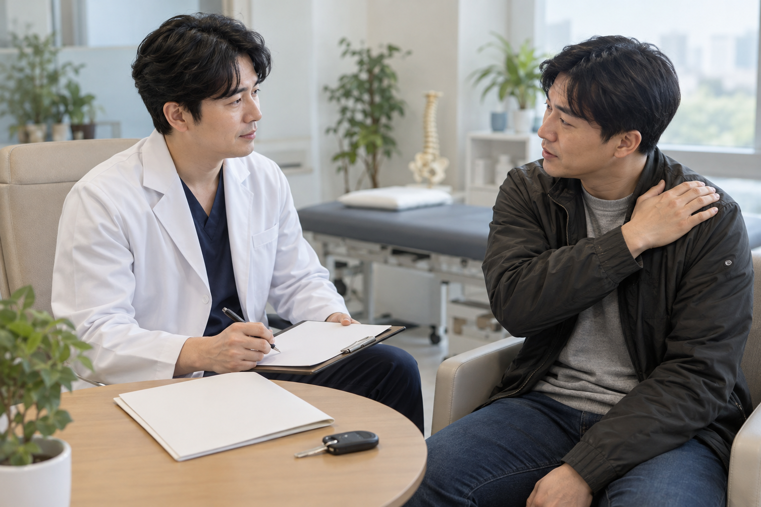 사고 후 어깨 상태를 상담하는 운전자와 의사