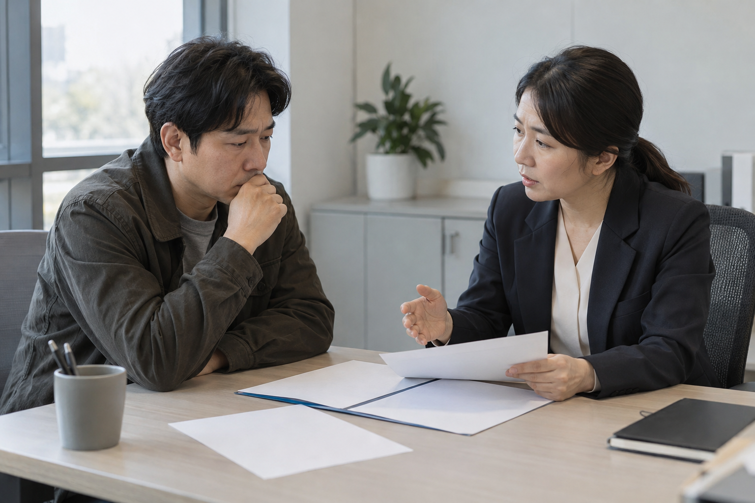 고용보험 심사청구를 상담하는 근로자