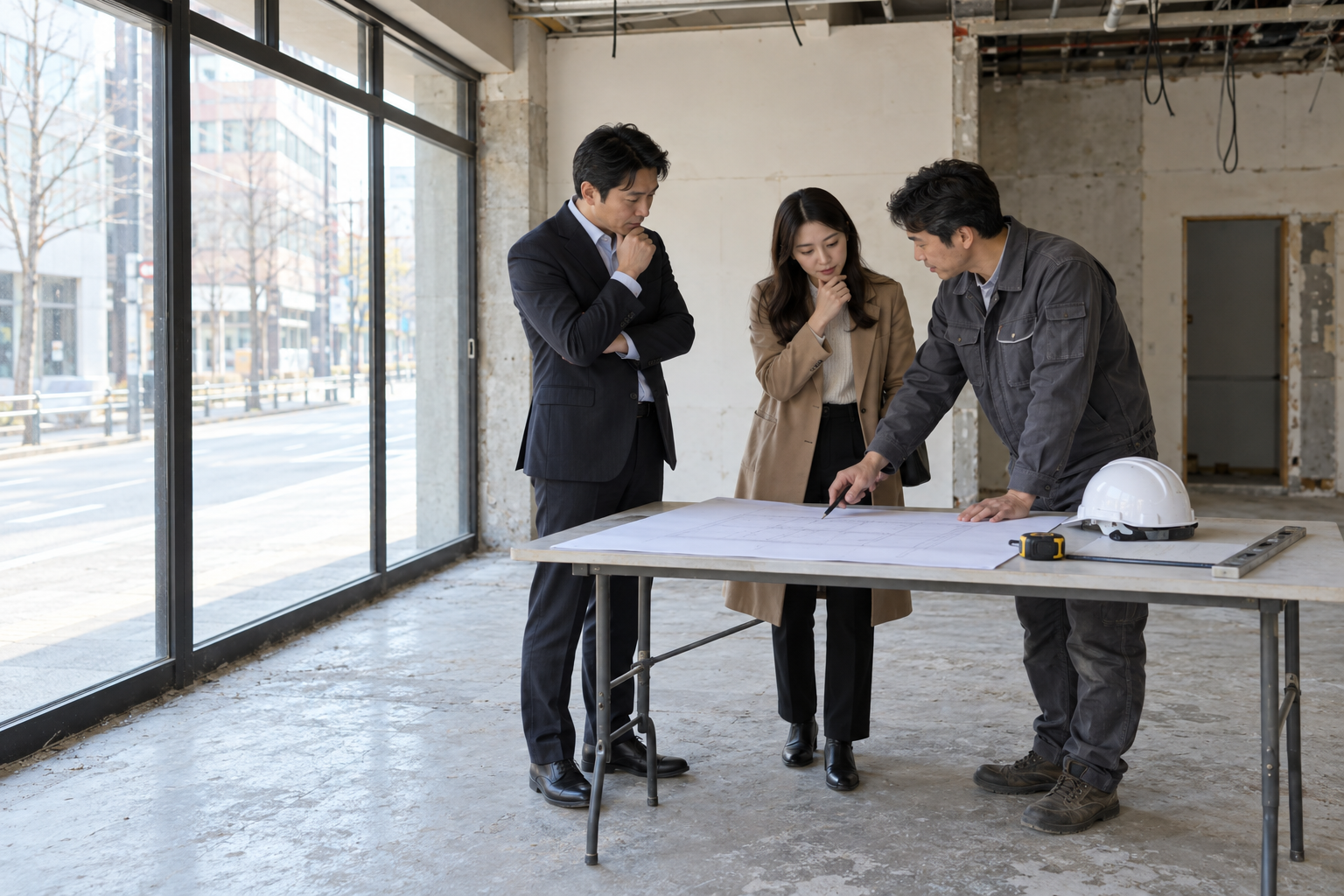 임차인과 원상복구 담당자가 상가 도면으로 반환 범위를 상담하는 모습