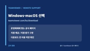 팀뷰어 다운로드: 공식 설치·QuickSupport·개인 무료 범위 11 TeamViewer 공식 Windows 및 macOS 다운로드 경로 선택 카드