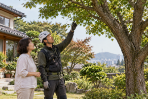 수목 작업 전문가와 거주자가 지상에서 마당 나무 상태를 살펴보는 모습