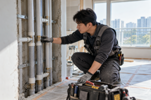노출된 수도 배관의 교체 경로를 살펴보는 전문 작업자