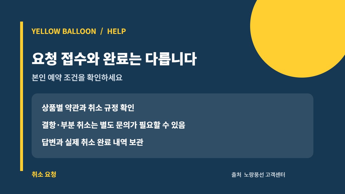 노랑풍선 예약번호·구매처·취소 규정·접수 완료 상태 확인 카드